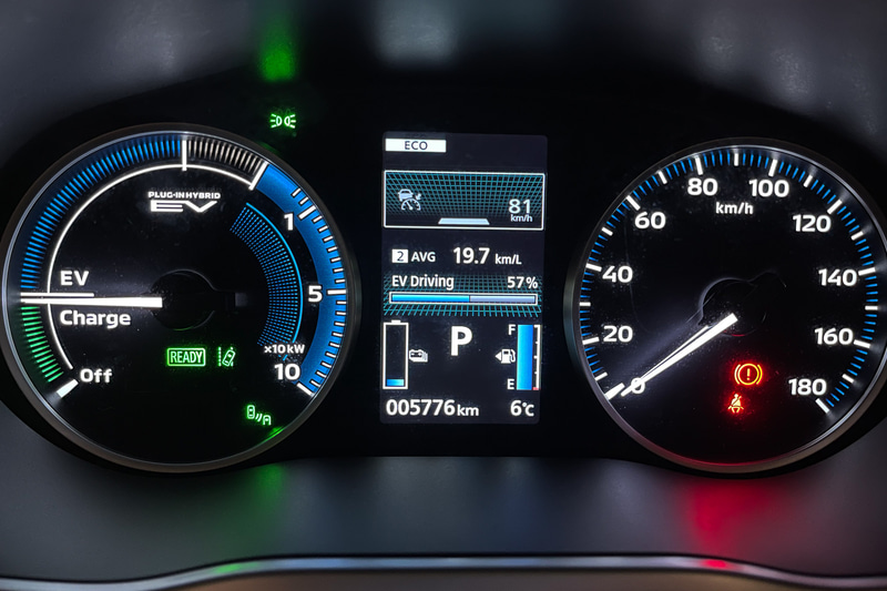 高速道路を198.1km走行し、平均燃費は19.7km/Lを示した。そのうち57％をEV走行するという結果に