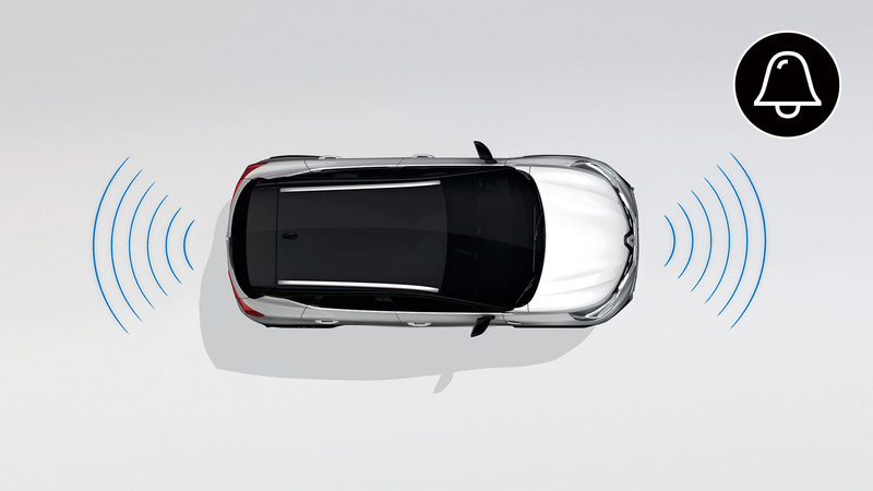 パーキングセンサー（フロント、リア）：駐車時に前後のバンパーに備えた12個の超音波センサーが周囲に障害物を感知すると、アラーム音と画面表示でドライバーに警告