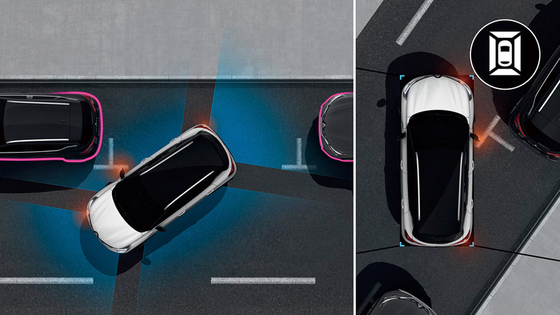 360°カメラ：フロントバンパー、ドアミラー、リアゲートに取り付けられた4つのカメラが車両の周囲の状況を撮影し、真上から見下ろしたような俯瞰映像を合成し、7インチのタッチスクリーンに表示