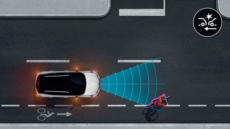 アクティブエマージェンシーブレーキ（衝突被害軽減ブレーキ）歩行者・自転車検知機能付：フロントガラス中央上部のカメラとフロントバンパー内のレーダーセンサーが、前方の車両、歩行者、自転車に衝突する可能性を感知し、アラーム音や表示灯によりドライバーに警告