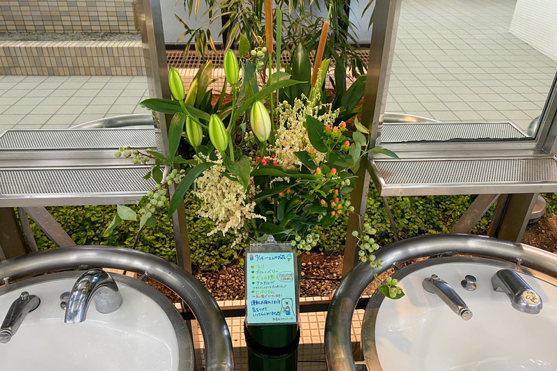 週替わりで季節のお花が活けてある、外環自動車道・新倉PAのトイレ。それまでは「綺麗だな～」と思うことはあっても、あまりお花の種類にまで注目したことはなかったのですが、この手描きのメッセージのおかげで「そうか、今はこんなお花が旬なんだな」と知ることができました。くまさんのイラストや、ちょっとしたひと言も嬉しくて、心がほんわかとなりました