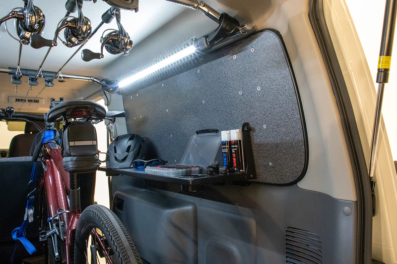 反対側には棚などが作れるパネルが張られている。仕事時は資料の置き場にもなる