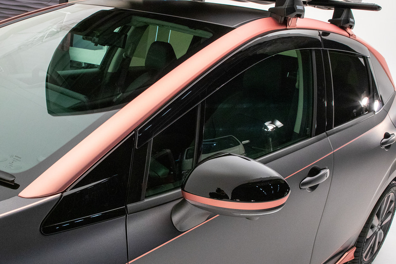 Aピラーからルーフ、Cピラーを結ぶラインでピンクゴールドの色分けが行なわれている。こうした2トーンは現在の日産コンセプトカーでのトレンドということなので、将来市販されるクルマにも似たデザインが採用される確率は高い