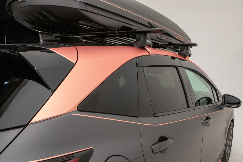 Aピラーからルーフ、Cピラーを結ぶラインでピンクゴールドの色分けが行なわれている。こうした2トーンは現在の日産コンセプトカーでのトレンドということなので、将来市販されるクルマにも似たデザインが採用される確率は高い
