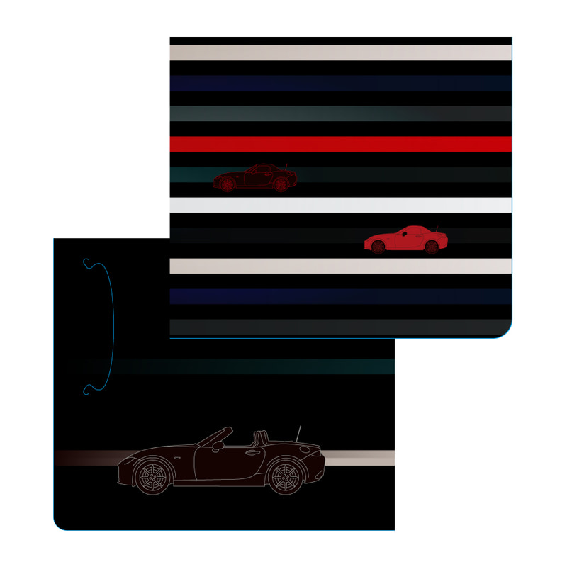 表面にはイラスト化したロードスターがストライプ上を疾走するデザインを施し、中面にはオープンスタイルのロードスターのイラストをレイアウト