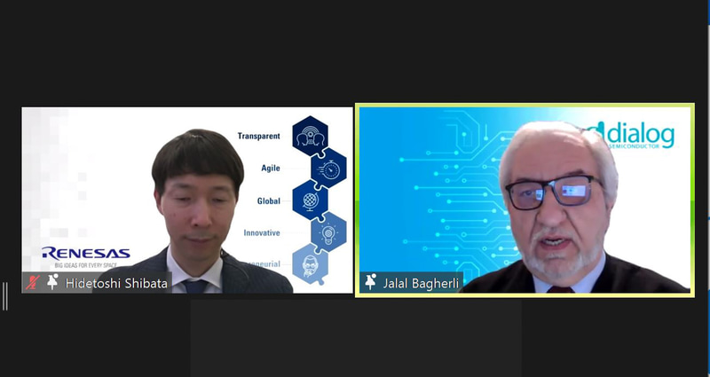 左からルネサス エレクトロニクス代表取締役社長兼CEOの柴田英利氏、Dialog CEOのJalal・Bagherli氏