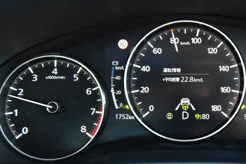 80km/h巡航時に平均燃費22.8km/Lを表示