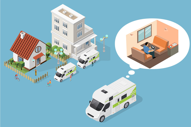 マンションやアパートだけでなく、一軒家の駐車場にキャンピングカーをモバイル・オフィスとして駐車すれば、書斎として利活用することも可能としている