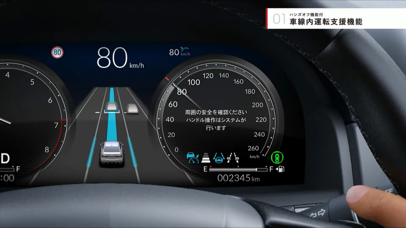 「ハンズオフ機能付車線内運転支援機能」は、「渋滞追従機能付アダプティブクルーズコントロール（ACC）」「車線維持支援システム（LKAS）」がONの状態で条件が揃った場合に利用できる