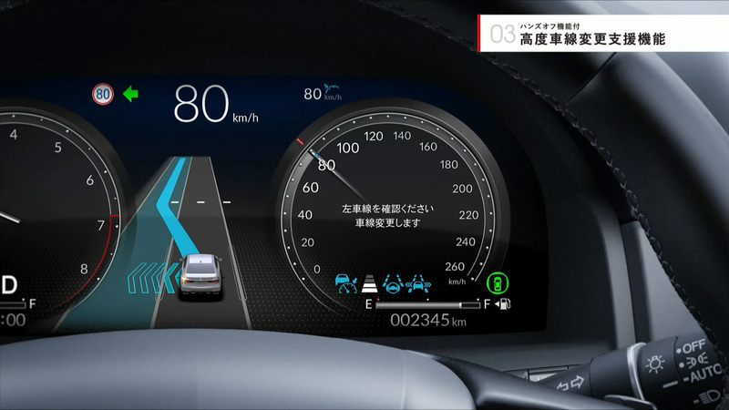 「ハンズオフ機能付高度車線変更機能」は、ドライバーによる操作なしでシステムが車線変更を判断して、追い越し、元の車線への復帰を行なうという機能