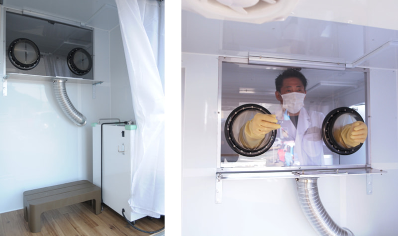 室内を陰圧制御して、検査する人とされる人を完全に分離することで、飛沫感染リスクを最小限に抑えた