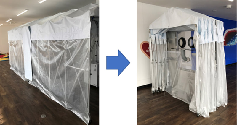 「陰圧式テント検査室」は蛇腹付きフレームにキャスター付き。折り畳みが可能で、容易に移動させることもできる。設置場所の確保や設営、撤去が容易で、安全性にも配慮した