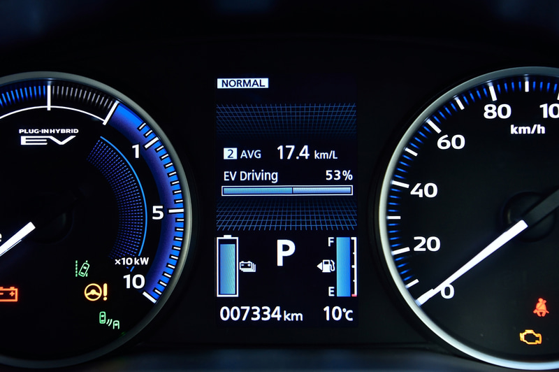 平均燃費とEV Drivingの比率が表示される（画像はエクリプス クロス PHEV）