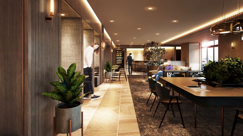 ホテルのラウンジのような空間が広がる。コーヒーマシンはフリードリンクとなっている