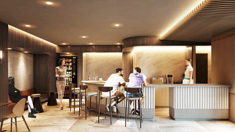 ホテルのラウンジのような空間が広がる。コーヒーマシンはフリードリンクとなっている