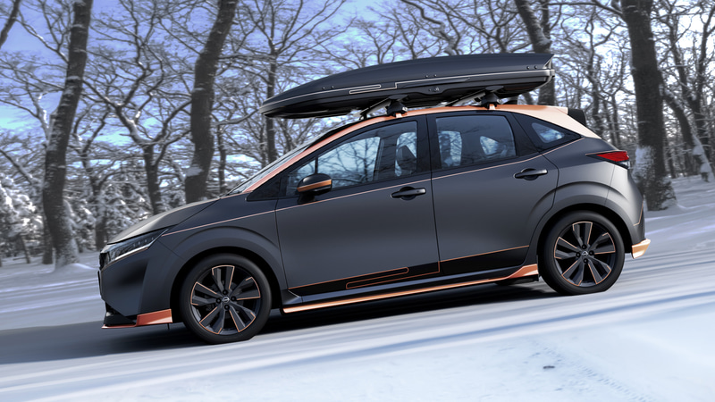 「NOTE PLAY GEAR CONCEPT」は、2020年12月にフルモデルチェンジした新型ノート e-POWERに、スポーティで存在感のあるアクセサリーを装備したコンセプトカー。エクステリアは、スポーティなエアロと17インチアルミホイールに加え存在感のあるルーフボックスを装着。ボディはマットダークグレイメタリックにマットピンクゴールドのアクセントカラーを配しワンランク上のパーソナライゼーションを表現。新型ノートe-POWERをより楽しむことが出来る、新しい形のカスタマイズを提案する