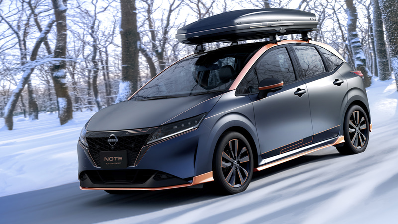 「NOTE PLAY GEAR CONCEPT」は、2020年12月にフルモデルチェンジした新型ノート e-POWERに、スポーティで存在感のあるアクセサリーを装備したコンセプトカー。エクステリアは、スポーティなエアロと17インチアルミホイールに加え存在感のあるルーフボックスを装着。ボディはマットダークグレイメタリックにマットピンクゴールドのアクセントカラーを配しワンランク上のパーソナライゼーションを表現。新型ノートe-POWERをより楽しむことが出来る、新しい形のカスタマイズを提案する