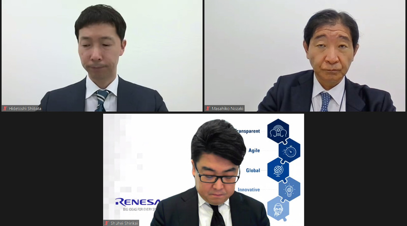 ルネサス エレクトロニクス株式会社 代表取締役社長兼CEO 柴田英利氏（左上）、執行役員常務 兼 生産本部長 野崎雅彦氏（右上）、執行役員 兼 CFO 新開崇平氏（下）