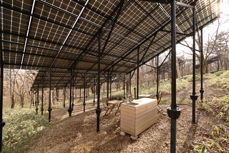 一部透過する構造の太陽光パネルにより、パネル下であっても明るく、屋根のあるスペースとして活用している