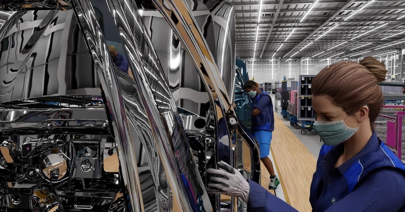 Omniverseでのワークフローのシミュレーションでは、人間の作業員から取得したデータでデジタルヒューマンをトレーニングし、シミュレーション内の新しいワークフローのテストに投入して、作業員のエルゴノミクスや効率性を検討するという