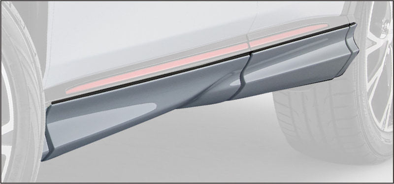 サイドガーニッシュは「ロントフェンダーからボディ中央へ」、そして「ボディ中央からリアフェンダーへ」と流れる二本のキャラクターラインが彫りの深い造形を生み力強さを表現。真空成型のPPE製。左右セット。カラード仕上げ（11万円）および未塗装（9万9000円）を設定
