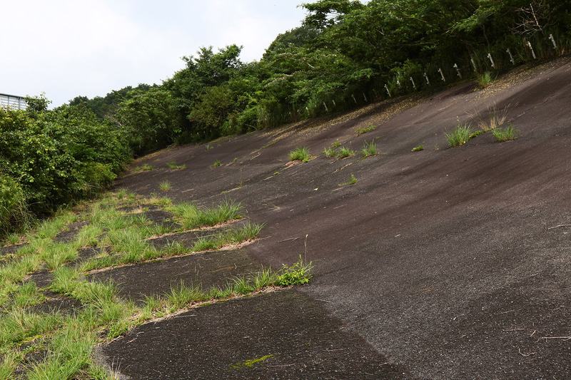 ストレート方向。左端、木々の上に1コーナー正面の看板が見える。1コーナーとこの付近の高度差は18m。ストレートから30度バンクへ急激に下っていることが分かる