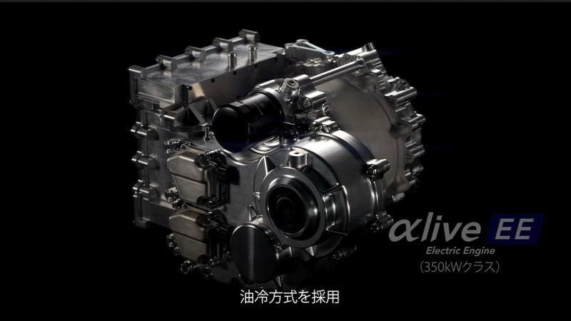 4輪に搭載することで最大1.47MW（約2000馬力）の出力を実現する油冷電動モーターユニット