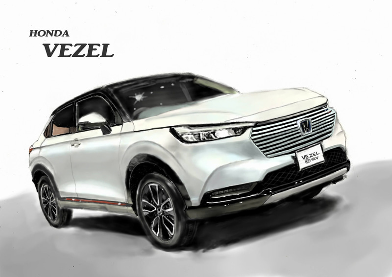 佐々木さんが描く時のこだわりの1つが、ボディカラーをどう表現するかということ。この新型ヴェゼルの「プレミアムサンライトホワイトパール」もすごく美しい色だと思いますが、描くとなると大変そうですよね。それを佐々木さんは、ホワイトの上に薄くブルーとイエローを重ね塗りして表現。濃すぎても薄すぎてもいけない、とても難しい色だそうです