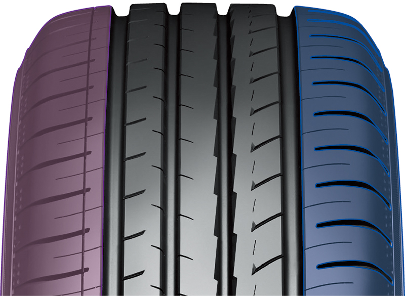 イン側（紫）は乗り心地、アウト側（青）は操縦安定性を重視