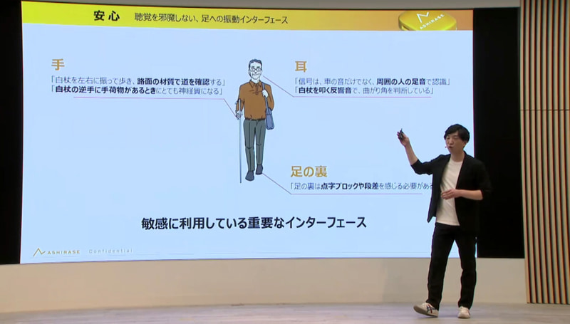 “安心”とは、視覚障がい者が利用している既存のインターフェースである、足裏、耳、白杖を持つ手などを邪魔しないナビゲーションであること