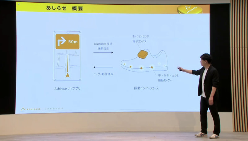 靴の中に取り付ける振動デバイスと、専用アプリを入れたスマートフォンを組み合わせて使用する