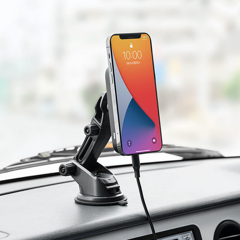 ワイヤレス充電ホルダー（吸盤式・Qi充電・MagSafe・ワイヤレス充電）型番：200-CAR086