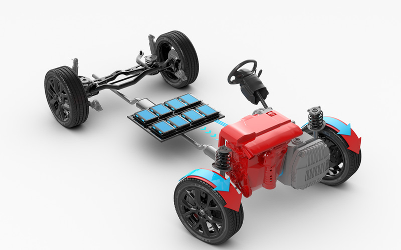 駆動用のリチウムイオンバッテリーはリアシート下に配置（トラクションバッテリーの形状などは実際のものとは異なる）