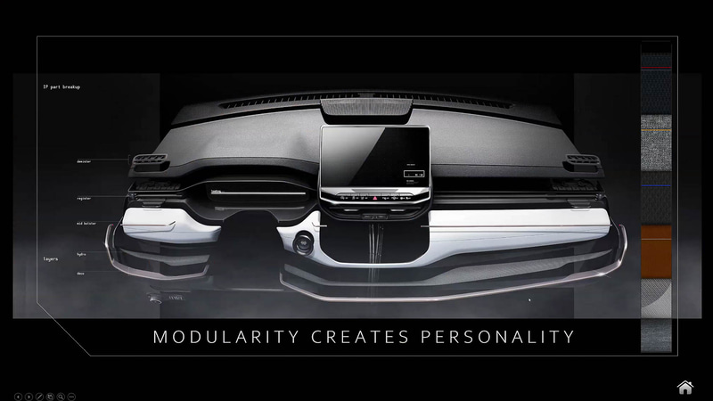 インパネをモジュラー化して異なる素材を用いることで印象を強めた