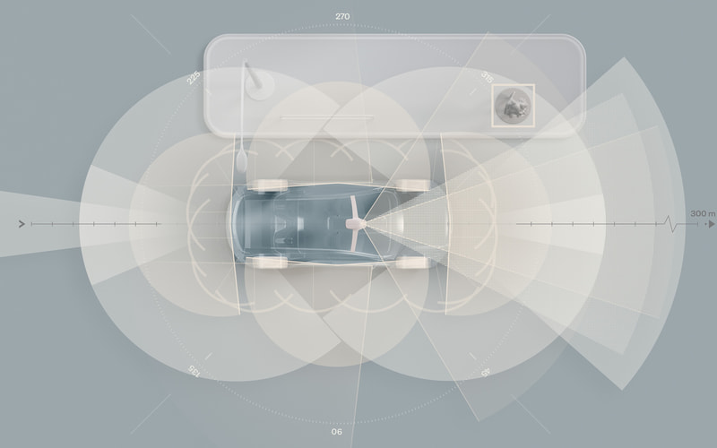 BEVとなる新型「XC90」のセンサー配置。300mという数字が刻まれているとともに、多くのセンサーを搭載することが分かる