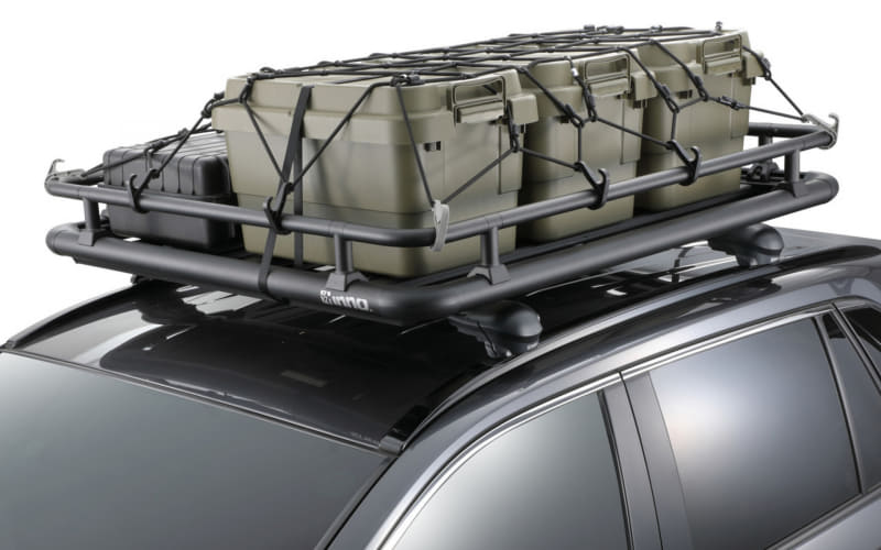 「INNO ルーフデッキ120」とバスケットスタイルにするためのオプション「INA515用レールキット」の装着例