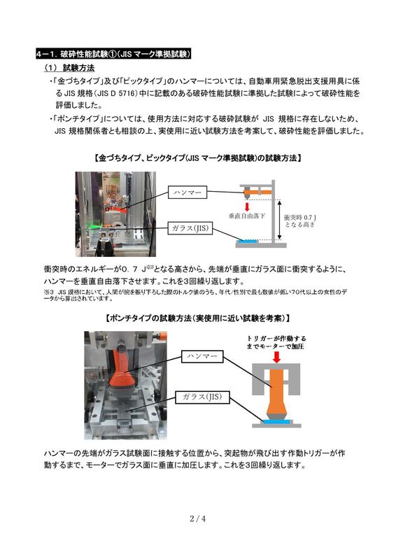 脱出用ハンマーの破砕性能試験結果