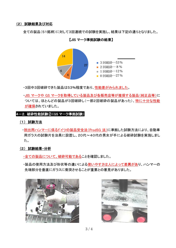 脱出用ハンマーの破砕性能試験結果