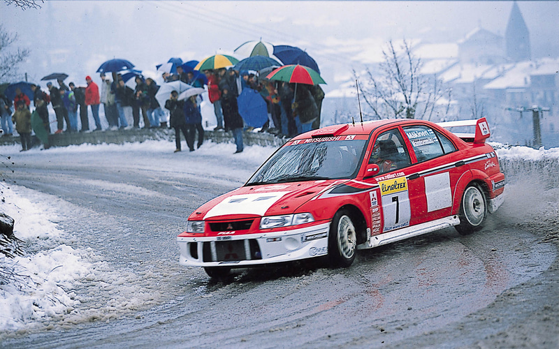 WRC展で展示される「ランサーエボリューション」（グループA仕様）