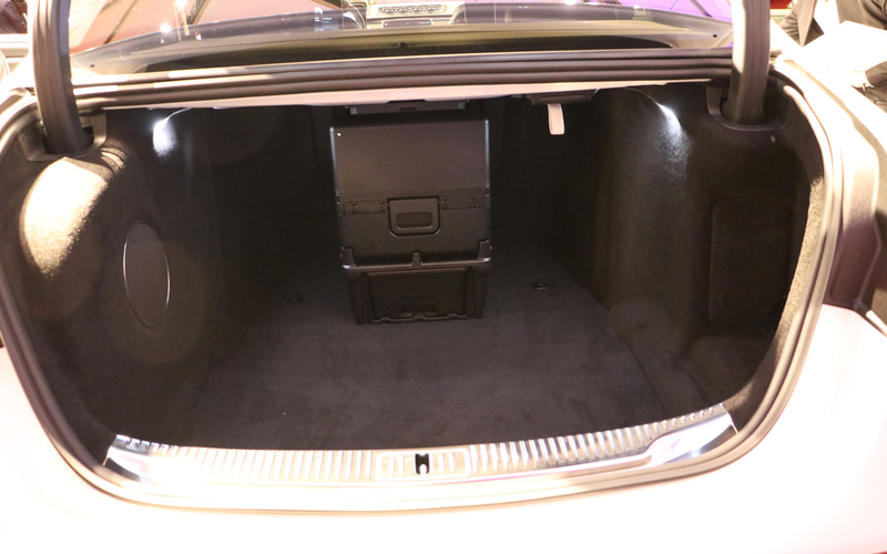 トランク中央にあるのは後部席用冷蔵庫の裏側部分。オプションのファーストクラスパッケージを選択すると装備される