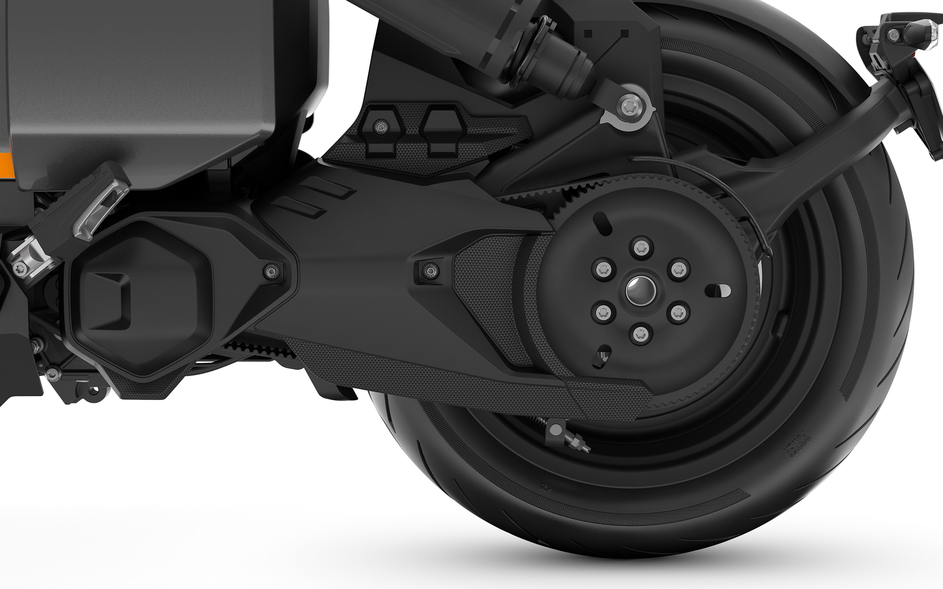 リアは片持ちスイングアームによりディスクホイールのようなデザインを採用