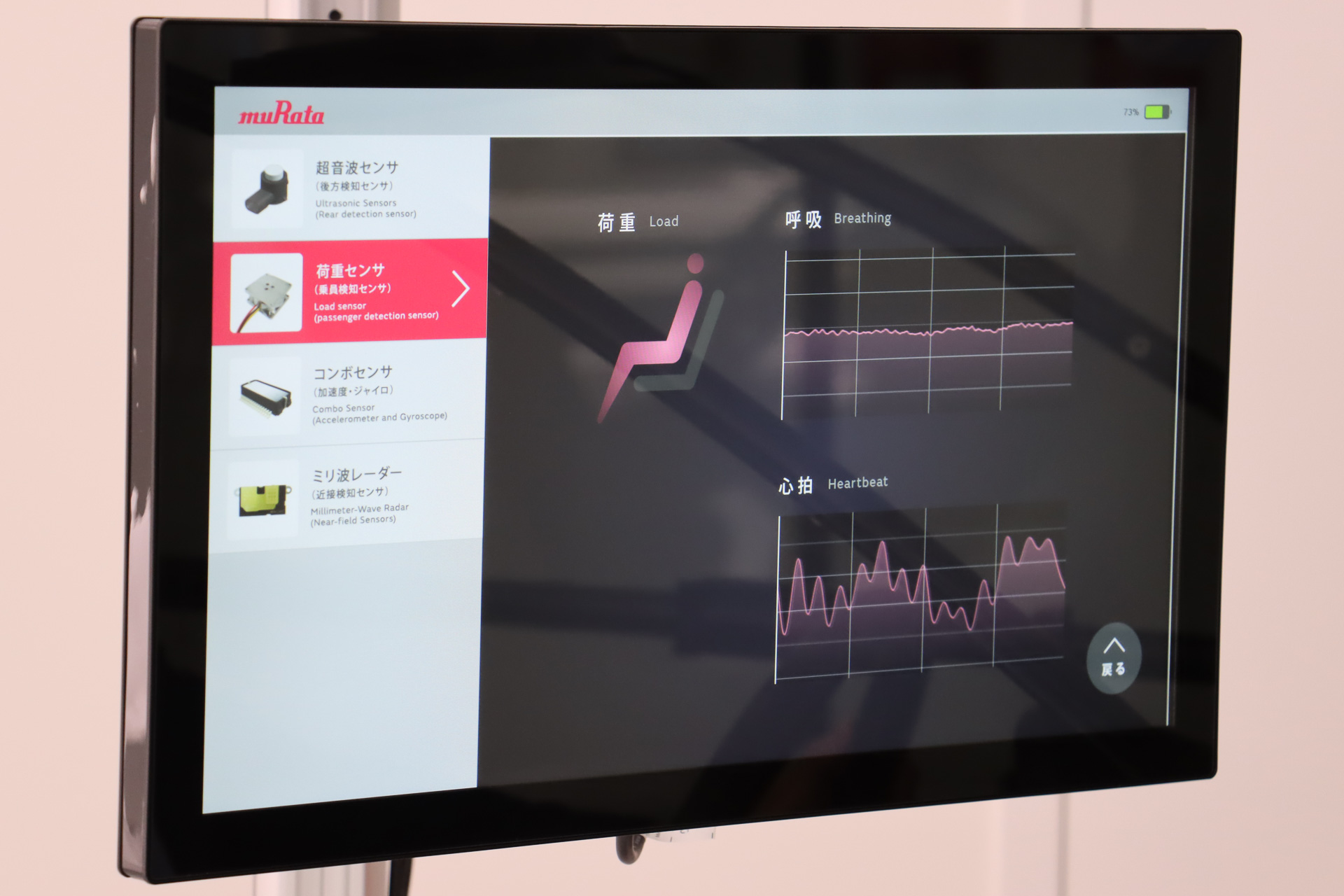 シートに座っている人の呼吸と心拍のバイタルデータが画面に表示。試しに座っている人が息を止めると、呼吸の波形がフラットに近付き、心拍はそのままといった差が出た