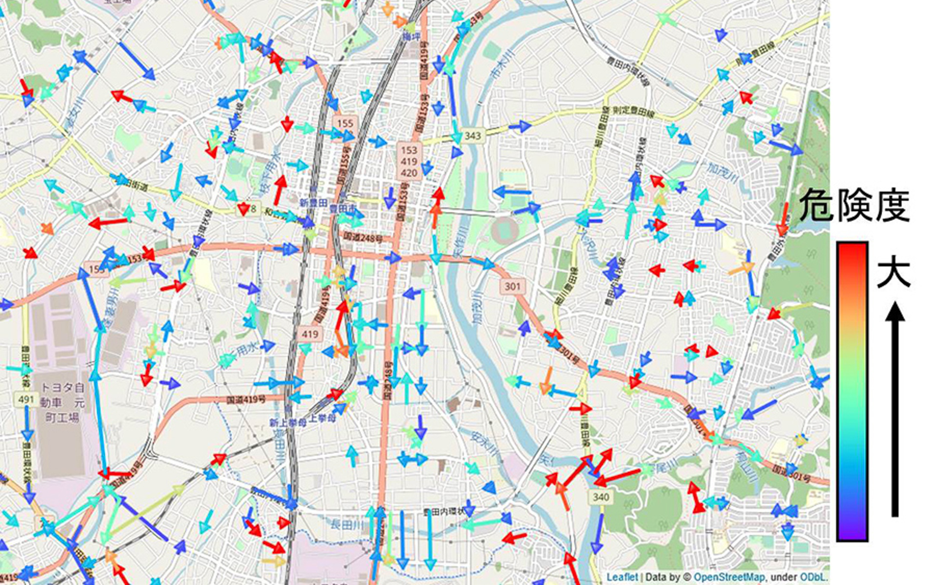 急減速を始めとするクルマの挙動データからの危険度分析のイメージ図