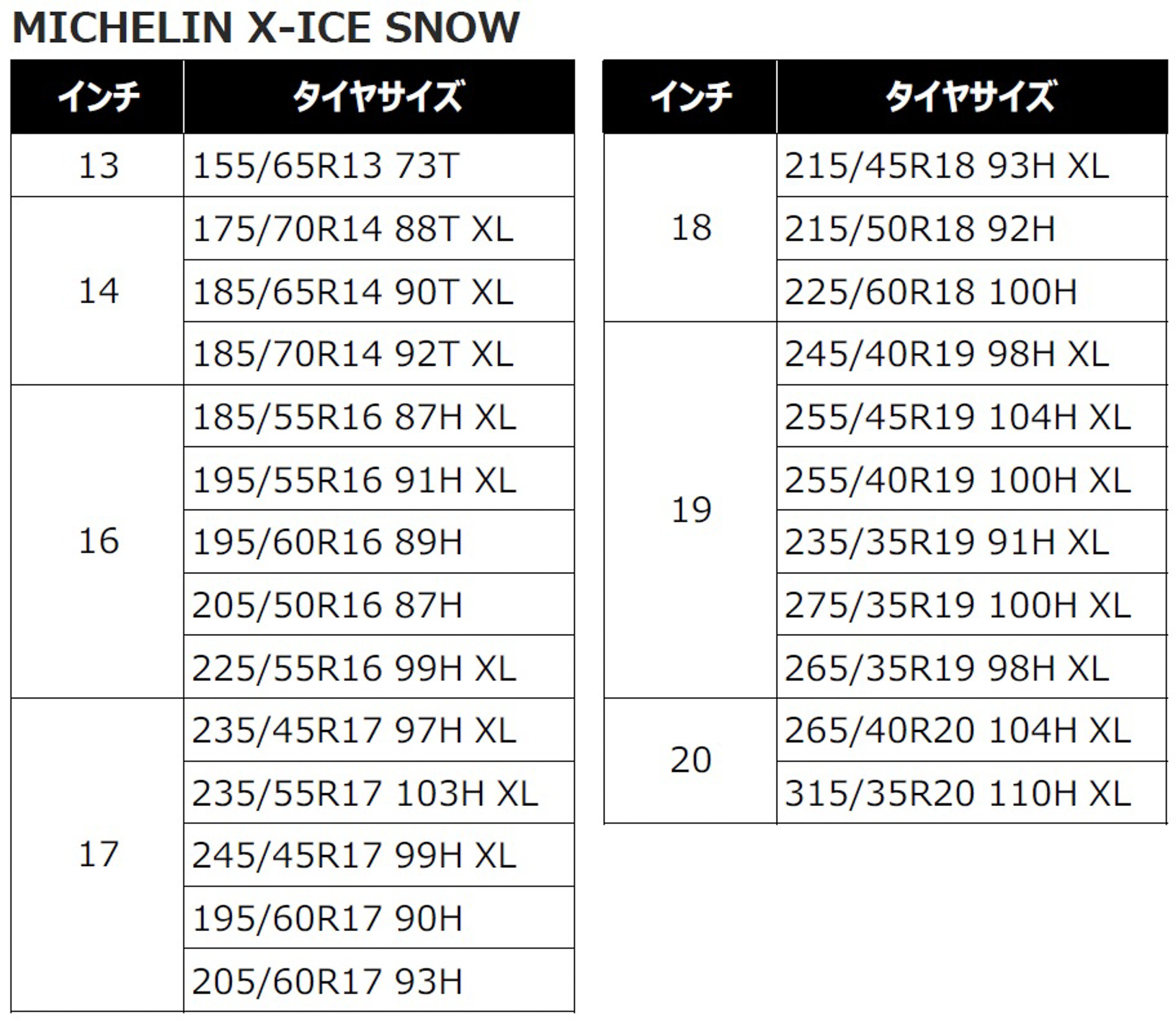 X-ICE SNOWサイズ一覧