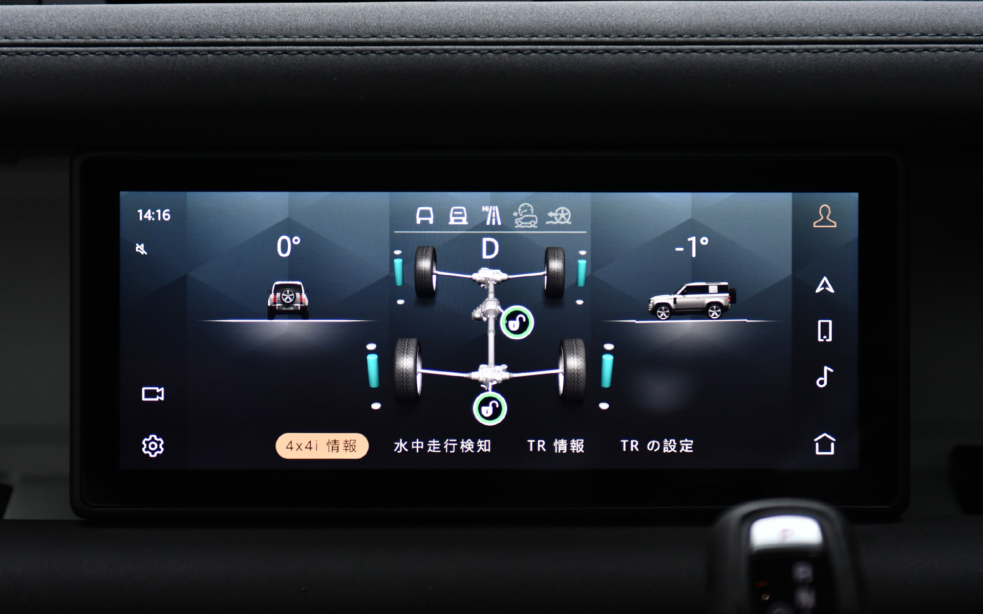 10インチタッチスクリーンではデフのロック状態を確認できるほか、ボンネットを“シースルー”したように映像で確認できる「ClearSightグラウンドビュー」、360度周囲の安全確認をサポートする「3Dサラウンドカメラ」、水深をリアルタイムにグラフィカル表示する「ウェイドセンシング」といったシステムで安心・安全な走行をサポート
