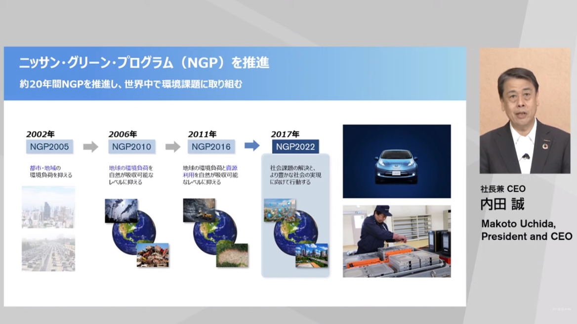 日産では2002年から「NGP（ニッサン・グリーン・プログラム）」を推進。EVの「リーフ」を市場投入するなど環境技術を磨き続けてきた