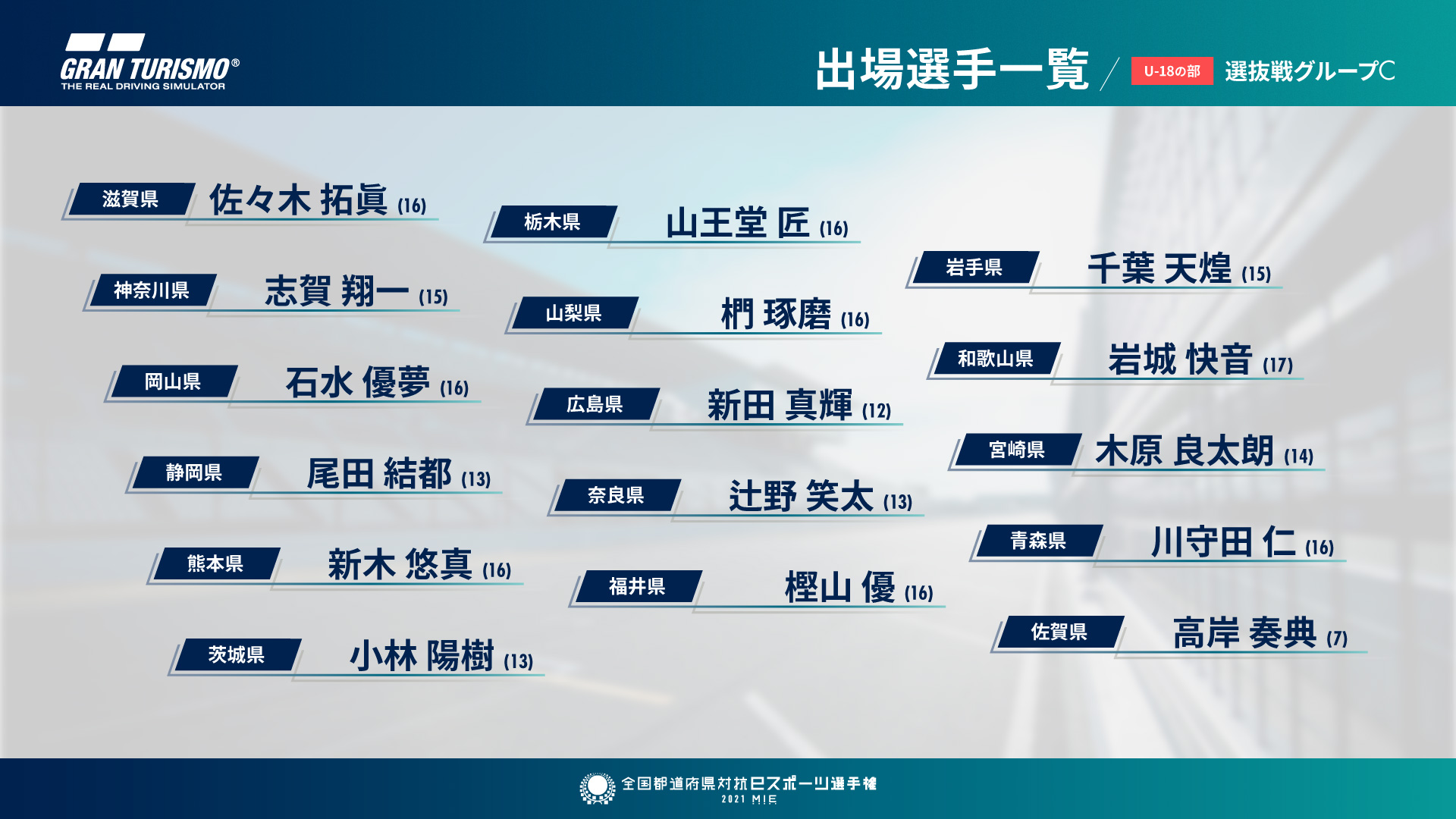 「全国都道府県対抗eスポーツ選手権 2021 MIE」本大会出場者 選抜戦 出場選手一覧（敬称略） U-18の部（46名）