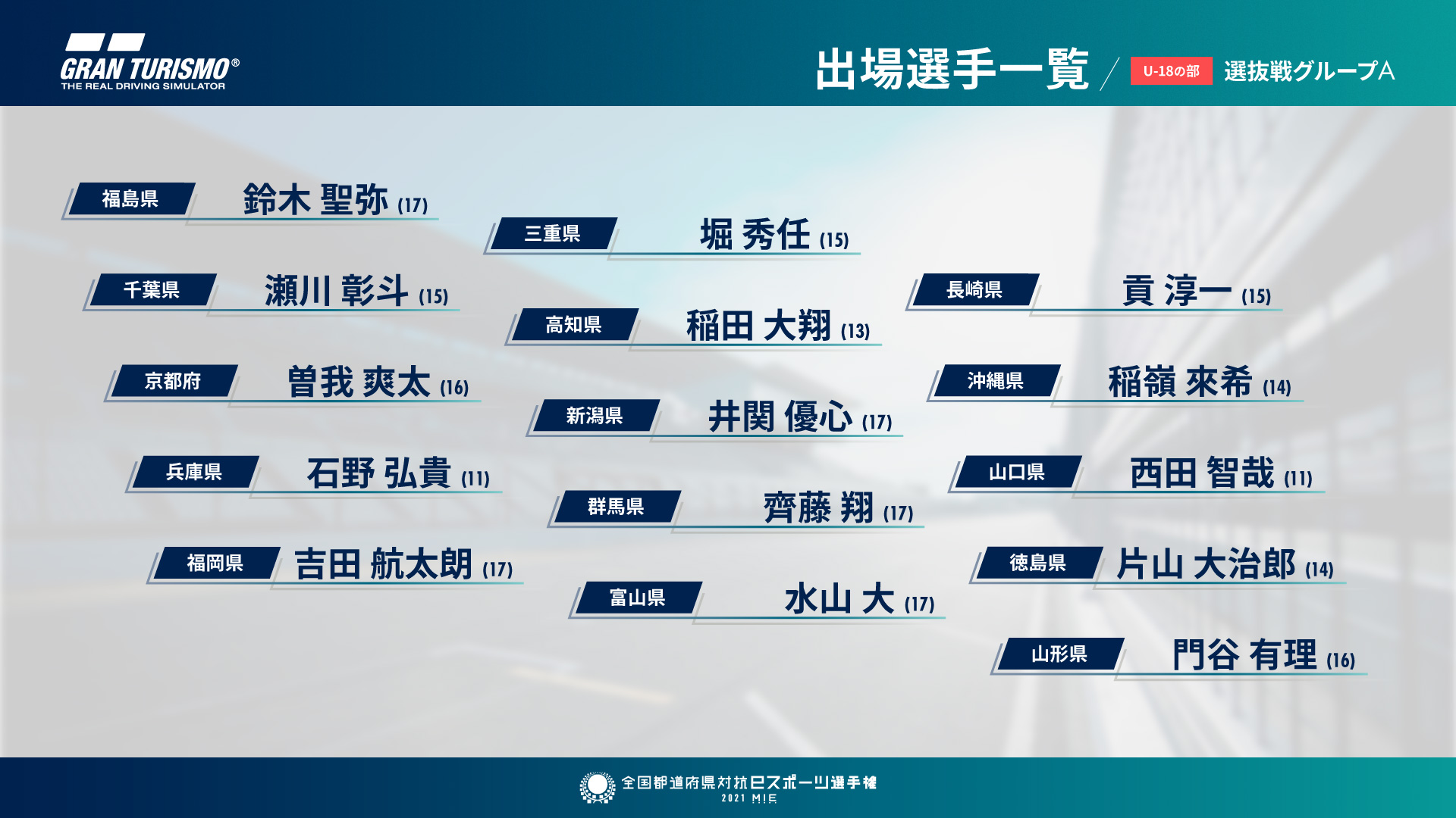 「全国都道府県対抗eスポーツ選手権 2021 MIE」本大会出場者 選抜戦 出場選手一覧（敬称略） U-18の部（46名）