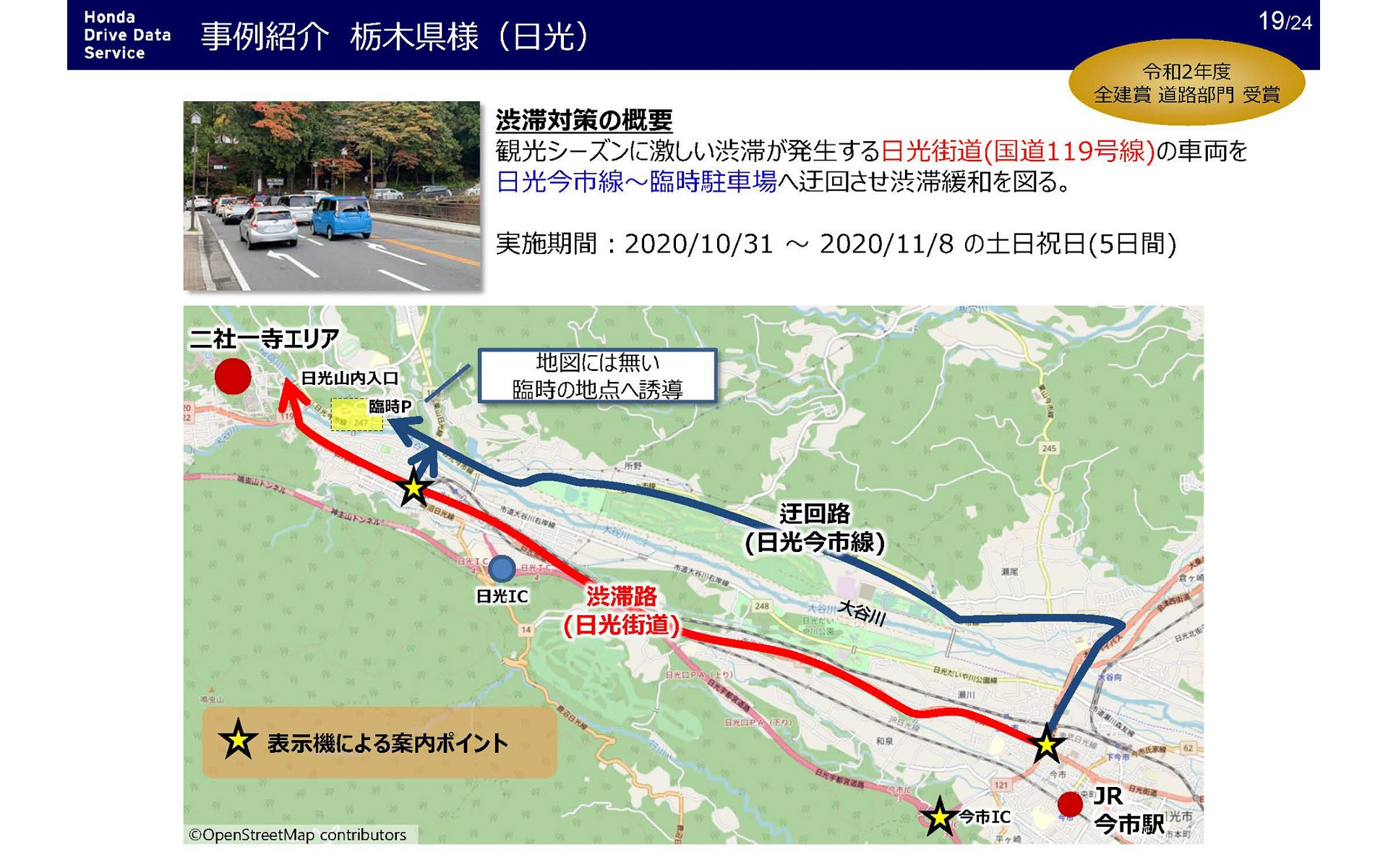 栃木県が日光で行なった「旅行時間表示サービス」を利用した渋滞解消の取り組み。ピーク同士の比較で渋滞が約半分になったという