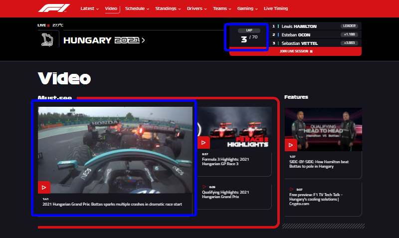ハンガリーGP、スタートの多重クラッシュの映像は、レース再開後3ラップの時点でアップロードされた